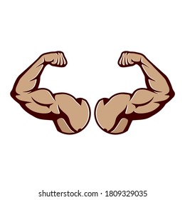 Cartoon hard muscle. Strong arm, boxer arms muscles and strength from hard gym. Arm fitness guy with hands, body muscle flexing or strong biceps logo. Icon Isolated vector illustration EPS 10