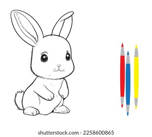 Cartoon hare in black and white style for coloring with colored pencils. Vector illustration