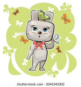 Cartoon Hare and butterflies. Funny comic rabbit animal. Summer scenery. Cute flat style. Childrens illustration clipart is isolated on a white background. Vector
