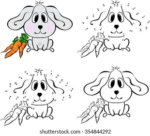 Cartoon hare with carrot. Vector illustration. Coloring and dot to dot educational game for kids