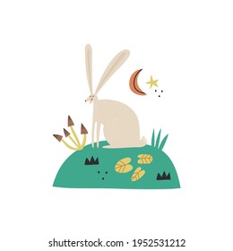 Cartoon hare character vector illustration. Hand drawn forest animal with long ears; mushrooms, leaves. Cute woodland rabbit. Funny scandinavian style bunny sitting on grass, kids t shirt print design