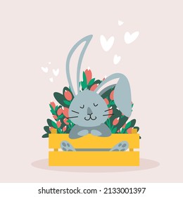 Cartoon hare character vector illustration. Animal with long ears; wood box, flowers, heart. Cute woodland rabbit. Funny scandinavian style bunny sitting in the basket, kids t shirt print design