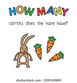 Cartoon hare counting game. Vector illustration for children education. How many carrots does the hare have