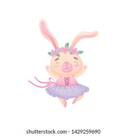 Cartoon hare in a dress of a ballerina. Vector illustration on white background.
