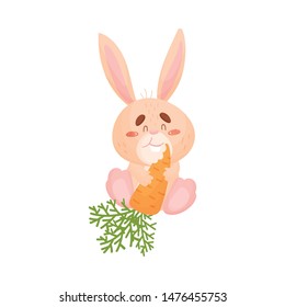 Cartoon hare eat carrots. Vector illustration on white background.
