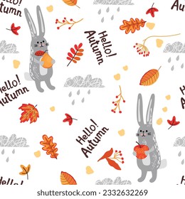 Cartoon hare and hand written text.Seamless autumn pattern with clouds and falling leaves.Colorful background with animals holding an apple and a pear.Cute vector hand drawn illustration on white.