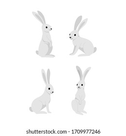 Cartoon hare icon set. Cute animal character in different poses. Vector illustration for prints, clothing, packaging, stickers.