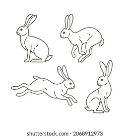 Cartoon hare icon set. Cute animal character in different poses. Vector illustration for prints, clothing, packaging, stickers.