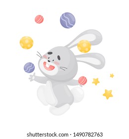 Cartoon hare juggler. Vector illustration on a white background.