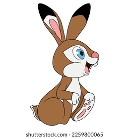 Cartoon Hare with long ears sitting and smiling. Side view. Rabbit isolated on white background. Template of wild or farm animal. Education card for kids learning animals. Easter celebration concept.