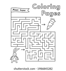 Cartoon Hare Maze Game For Small Children. Vector Coloring Book Pages For Kids