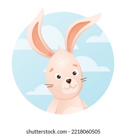 Cartoon hare on a background of blue sky with clouds, vector isolated animal label in the shape of a circle.
