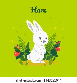 Cartoon hare on grass, cute character for children. Vector illustration in cartoon style for prints, clothing and postcards.