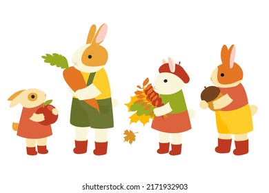 cartoon hare rabbit. bunny with autumn leaves. autumn cute hand drawn forest animal. rabbit in the garden, harvest. stock vector illustration isolated on white background.