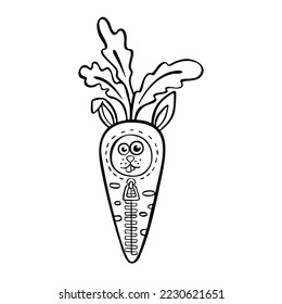 cartoon hare in a sleeping bag in the shape of a carrot, line illustration vector
