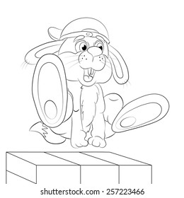 Cartoon hare - tracer in the free jump an obstacle of wall. Coloring book.