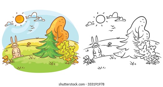 Cartoon hare in the wild on a sunny day, both colored and black and white