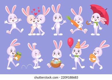 Cartoon hares with carrot. Cute bunny characters adorable funny love couple rabbits baby hare sticker collection for birthday or easter gift, ingenious animal vector illustration. Rabbit and hare