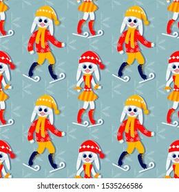 Cartoon hares on skates. Seamless Christmas vector illustration