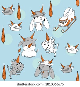 Cartoon hares, rabbits, snowman, bull in hats with horns-carrots have fun and dance on a winter background in snow lumps.