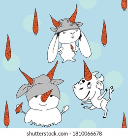 Cartoon hares, rabbits, snowman, bull in hats with horns-carrots have fun and dance on a winter background in snow lumps.