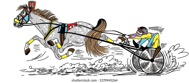 cartoon harness horse racing . Fast running trotter pulling a two wheeled cart a sulky  occupied by a driver . Side view vector illustration