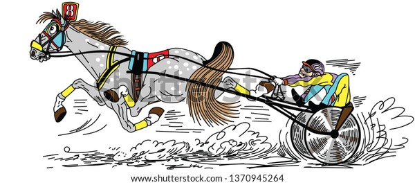 cartoon harness horse racing . Fast running\
trotter pulling a two wheeled cart a sulky  occupied by a driver .\
Side view vector\
illustration