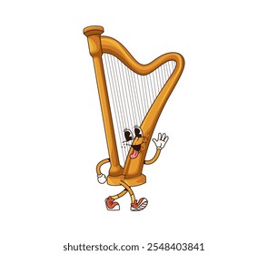 Cartoon harp groovy musical instrument character. Isolated vector plucked, stringed funny instrument personage playing classic or folk music and expressing positive emotions with sticking tongue