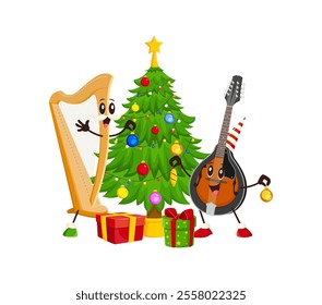 Cartoon harp and mandolin musical instrument characters enjoy Christmas with a decorated tree and gifts, spreading festive spirit. Vector cheerful string personages celebrating winter holiday with joy