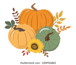 Cartoon harvest or Thanksgiving pumpkins, flowers and forest leaves arrangement Isolated on white background. Seasonal harvest design for greeting or poster.