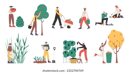 Cartoon harvesting farmers. People with baskets and buckets collecting natural crop. Persons pluck fruits and pick vegetables. Agricultural workers in overalls. Vector