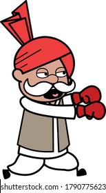 Cartoon Haryanvi Old Man Boxing Design Illustration