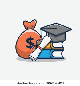 Cartoon Hat And Graduation Letter, Book, Money Bag Vector Illustration Design. Scholarship Design Concept. Flat Cartoon Style