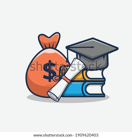 cartoon hat and graduation letter, book, money bag vector illustration design. scholarship design concept. flat cartoon style