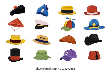 Cartoon hat trendy collection head wear. Cylinder, panama straw or cap clothes headgear vector illustration. Fashionable element headdress and icon drawing. Set group garment western and traditional