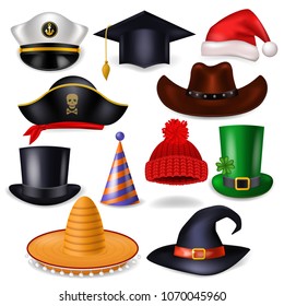 Cartoon hat vector comic cap for celebrating birthday party or Chrisrmas with headwear or head-dress santa hat or pirate illustration set of funny headgear cowboy or witch isolated on white background