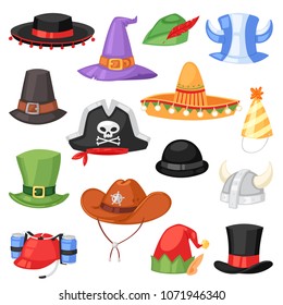 Cartoon hat vector comic cap for celebrating birthday party or Chrisrmas with headwear or head-dress illustration set of funny headgear cowboy pirate or elf isolated on white background