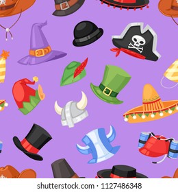 Cartoon hat vector comic cap for celebrating birthday party or Chrisrmas with headwear or head-dress illustration set of funny headgear cowboy pirate or elf seamless pattern background