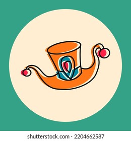 Cartoon hat vector flat icon. Magician fantasy head wear. Halloween costume, wizard cap isolated on beige sticker.