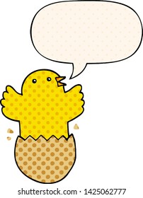 cartoon hatching bird with speech bubble in comic book style