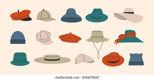 Cartoon hats. Brimmed hat panama cap beret fedora, stylish headwear accessories, doodle fancy clothing. Vector flat set