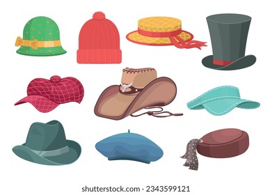 Cartoon hats. Different types of headgears. Summer caps. Fashionable collection. Autumn or winter headwear. Beret and knitted beanie. Retro and modern clothing models