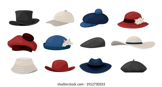 Cartoon hats. Fashion caps collection of vintage men and women head wearing, classic ladies and gentlemen headgear. Summer and autumn accessory vector isolated hat, cap and panama natural colors set