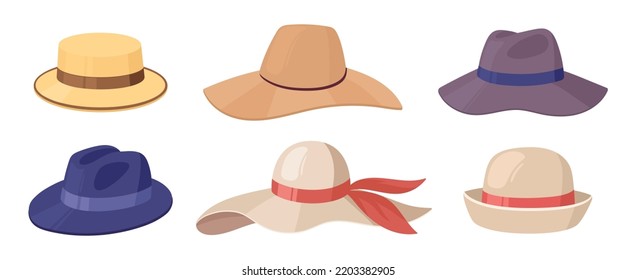 Cartoon hats, fashion headwear derby, fedora and cloche hat. Vintage gentlemen and ladies hats flat symbols illustration set. Retro headwear collection