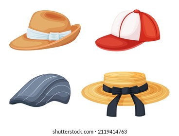 Cartoon hats. Female and male beach sun headwear with white and black ribbon bows. Teenage baseball cap for sport style. Man and woman stylish headgears isolated vector set. Elegant headdress