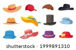 Cartoon hats. Female and male headwear, derby and cowboy, straw hat, cap, panama and cylinder. Summer women vintage fashion hats vector set. Illustration female and male accessory ca or hat