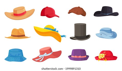 Cartoon hats. Female and male headwear, derby and cowboy, straw hat, cap, panama and cylinder. Summer women vintage fashion hats vector set. Illustration female and male accessory ca or hat
