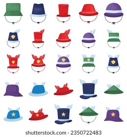 Cartoon hats. Female and male headwear, derby and cowboy, straw hat, cap, panama and cylinder. Summer women vintage fashion hats vector set. Illustration female and male accessory ca or hat