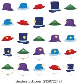 Cartoon hats. Female and male headwear, derby and cowboy, straw hat, cap, panama and cylinder. Summer women vintage fashion hats vector set. Illustration female and male accessory ca or hat
