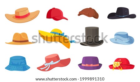Cartoon hats. Female and male headwear, derby and cowboy, straw hat, cap, panama and cylinder. Summer women vintage fashion hats vector set. Illustration female and male accessory ca or hat Foto d'archivio © 